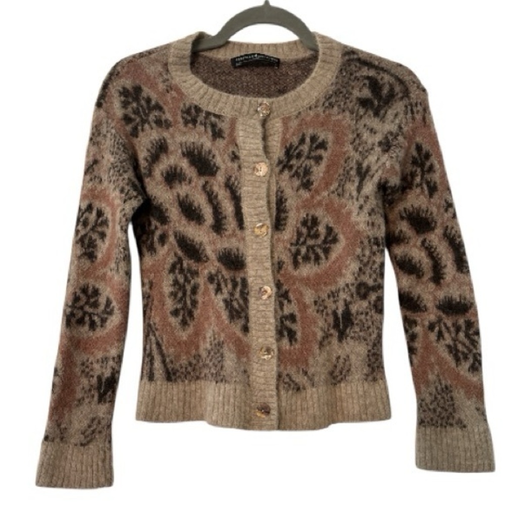 Peruvian Connection Baby Alpaca Crop Cardigan Sweater Brown Tan Extra Small